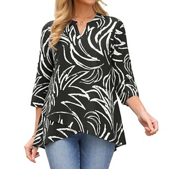 Womens 3/4 Sleeve Tops Roll Up Floral Print Shirts V Neck High Low Dressy Top Tunic Flowy Blouses