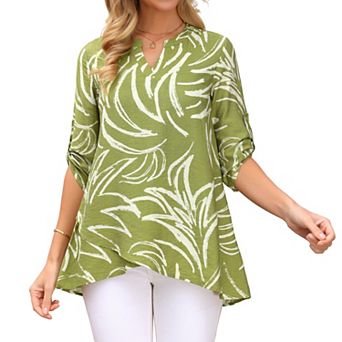 Womens 3/4 Sleeve Tops Roll Up Floral Print Shirts V Neck High Low Dressy Top Tunic Flowy Blouses
