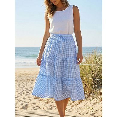 Women's Gingham Skirt Summer Casual Drawstring Waist Tiered Plaid A-Line Midi Skirts with Pockets