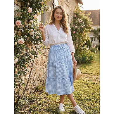 Women's Gingham Skirt Summer Casual Drawstring Waist Tiered Plaid A-Line Midi Skirts with Pockets