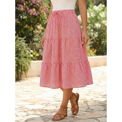 Women's Gingham Skirt Summer Casual Drawstring Waist Tiered Plaid A-Line Midi Skirts with Pockets