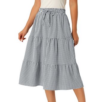 Women's Gingham Skirt Summer Casual Drawstring Waist Tiered Plaid A-Line Midi Skirts with Pockets