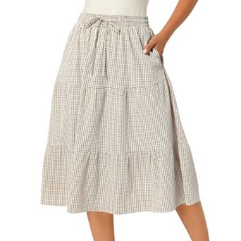 Women's Gingham Skirt Summer Casual Drawstring Waist Tiered Plaid A-Line Midi Skirts with Pockets