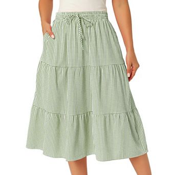 Women's Gingham Skirt Summer Casual Drawstring Waist Tiered Plaid A-Line Midi Skirts with Pockets