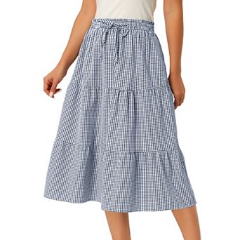 Women's Gingham Skirt Summer Casual Drawstring Waist Tiered Plaid A-Line Midi Skirts with Pockets