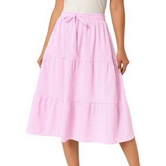 Women's Gingham Skirt Summer Casual Drawstring Waist Tiered Plaid A-Line Midi Skirts with Pockets