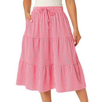 Women's Gingham Skirt Summer Casual Drawstring Waist Tiered Plaid A-Line Midi Skirts with Pockets