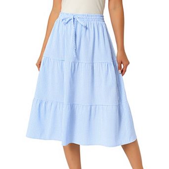 Women's Gingham Skirt Summer Casual Drawstring Waist Tiered Plaid A-Line Midi Skirts with Pockets