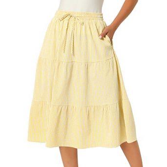 Women's Gingham Skirt Summer Casual Drawstring Waist Tiered Plaid A-Line Midi Skirts with Pockets