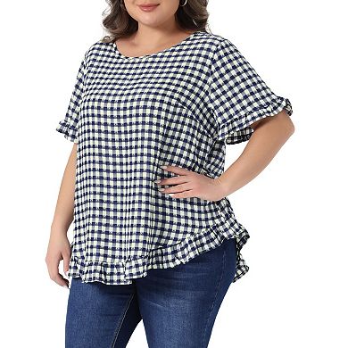Plus Size Gingham Tops 1950s Vintage Plaid Round Neck Ruffle Sleeve Back Button Blouses
