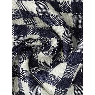 Plus Size Gingham Tops 1950s Vintage Plaid Round Neck Ruffle Sleeve Back Button Blouses