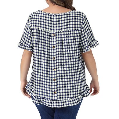 Plus Size Gingham Tops 1950s Vintage Plaid Round Neck Ruffle Sleeve Back Button Blouses