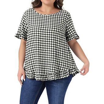 Plus Size Gingham Tops 1950s Vintage Plaid Round Neck Ruffle Sleeve Back Button Blouses