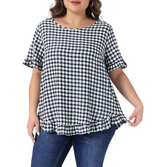 Plus Size Gingham Tops 1950s Vintage Plaid Round Neck Ruffle Sleeve Back Button Blouses