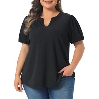 Women's Plus Size Tops Summer Fashion V Neck Puff Sleeve Dressy Casual Tops Blouse