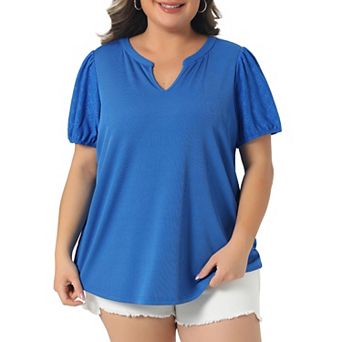 Women's Plus Size Tops Summer Fashion V Neck Puff Sleeve Dressy Casual Tops Blouse