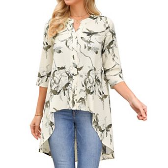 Women's High Low Tops 3/4 Sleeve V Neck Floral Asymmetrical Loose Button Down Shirt Dressy Blouse
