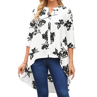 Women's High Low Tops 3/4 Sleeve V Neck Floral Asymmetrical Loose Button Down Shirt Dressy Blouse