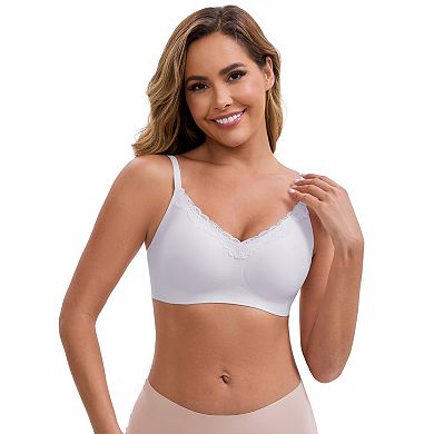 Women's Lace Trim V-Neck Wireless Bras Adjustable Spaghetti Straps Lift Up No Trace Bralette