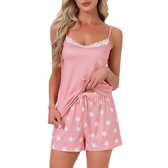 Women's Pajama Set Lace Trim V Neck Sleeveless Tank with Elastic Waist Shorts 2 pc Lounge Sets