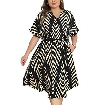 Women's Plus Size Dress Summer Chevron V Neck Short Sleeve Striped Detachable Belt Beach Dress