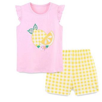 Cute Lemon Pattern Shirt and Plaid Shorts Set for Girls