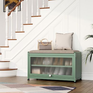 Metal Shoe Bench with Storage, Shoe Organizer Bench with Cabinet for Hallway and Bedroom