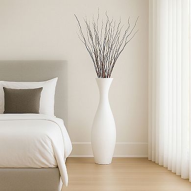 Tall Decorative White Bamboo Floor Vase with 12-Piece 60" Natural Dried Brown Willow Stick Fillers