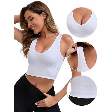 Women's Reversible V-Neck Athletic Tank Bra Wide Straps Stretchable Breathable Ribbed Sport Bras