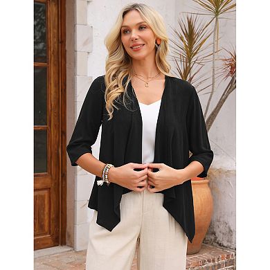Women's Linen Cardigan 3/4 Sleeve Open Front Loose Cover Ups Lightweight Shrug