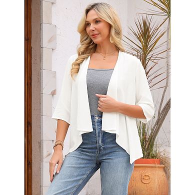 Women's Linen Cardigan 3/4 Sleeve Open Front Loose Cover Ups Lightweight Shrug
