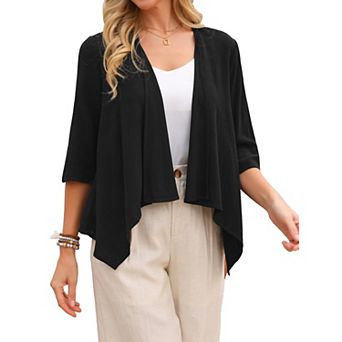 Women's Linen Cardigan 3/4 Sleeve Open Front Loose Cover Ups Lightweight Shrug