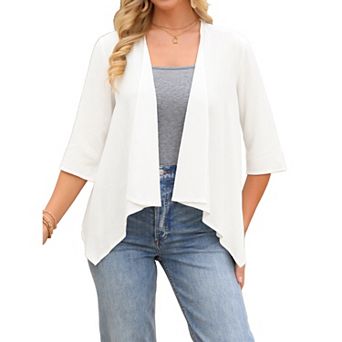 Women's Linen Cardigan 3/4 Sleeve Open Front Loose Cover Ups Lightweight Shrug