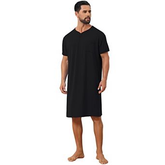 V-Neck Nightgown for Men's Colorblock Trim Short Sleeve Chest Pocket Pajama Sleep Shirt