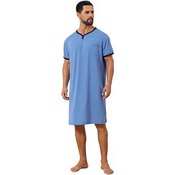 V-Neck Nightgown for Men's Colorblock Trim Short Sleeve Chest Pocket Pajama Sleep Shirt