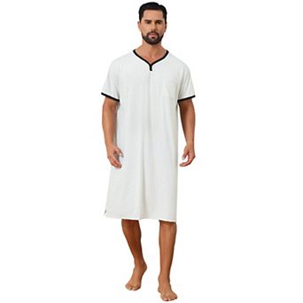 V-Neck Nightgown for Men's Colorblock Trim Short Sleeve Chest Pocket Pajama Sleep Shirt