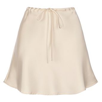 Drawstring Satin Mini Skirt for Women High Waist Casual A-Line Flared Flowy Silk Skater Short Skirts