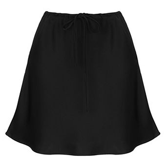 Drawstring Satin Mini Skirt for Women High Waist Casual A-Line Flared Flowy Silk Skater Short Skirts