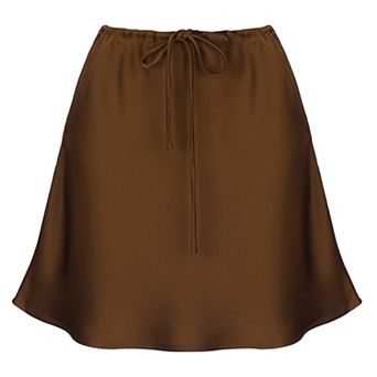 Drawstring Satin Mini Skirt for Women High Waist Casual A-Line Flared Flowy Silk Skater Short Skirts