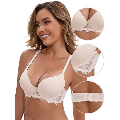 Women's Lace Plunge Push Up Underwired Bra Adjustable Spaghetti Straps Smoothing Soft Cup Lingerie