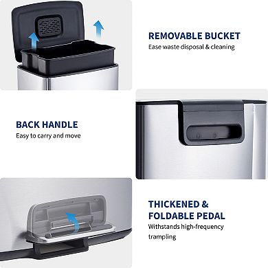 10.6 Gal Stainless Steel Trash Can with Filter, Removable Inner Bucket and Foldable Foot Pedal