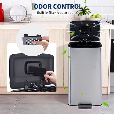 10.6 Gal Stainless Steel Trash Can with Filter, Removable Inner Bucket and Foldable Foot Pedal
