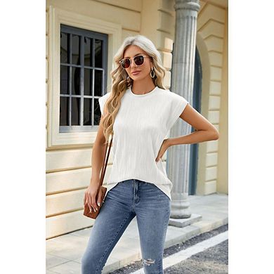 Women Cap Sleeve Shirt Casual Round Neck Top