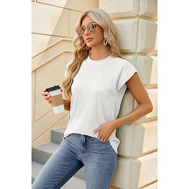 Women Cap Sleeve Shirt Casual Round Neck Top