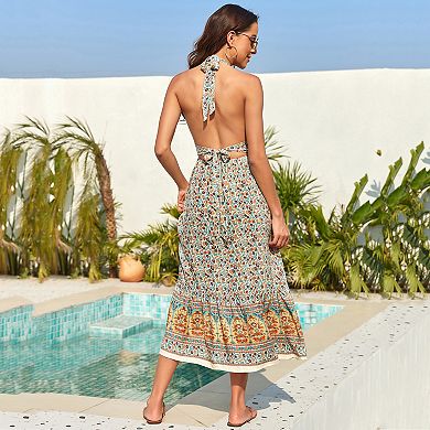 Women Halter Deep V Neck Floral Backless Flowy Maxi Dress Vacation Boho Sundress