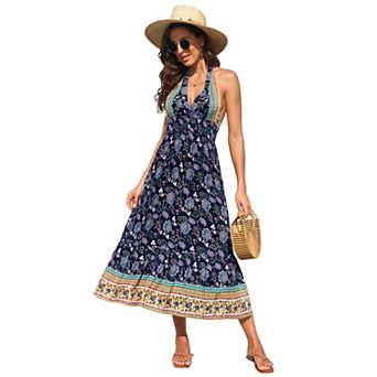 Women Halter Deep V Neck Floral Backless Flowy Maxi Dress Vacation Boho Sundress