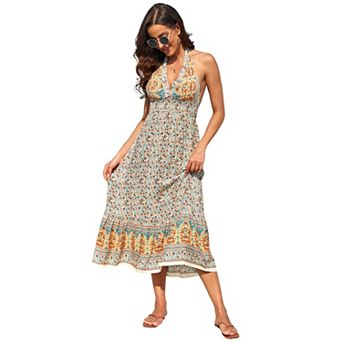 Women Halter Deep V Neck Floral Backless Flowy Maxi Dress Vacation Boho Sundress