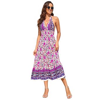 Women Halter Deep V Neck Floral Backless Flowy Maxi Dress Vacation Boho Sundress
