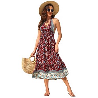 Women Halter Deep V Neck Floral Backless Flowy Maxi Dress Vacation Boho Sundress