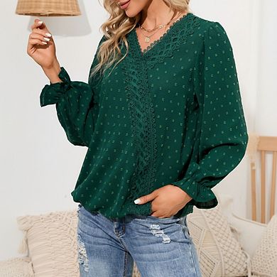 Women's Long Sleeve Blouses Swiss Dot Loose Fit Casual Shirts